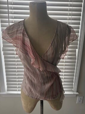 BCBGMaxAzria Pink Striped Wrap Top with Flutter Sleeves